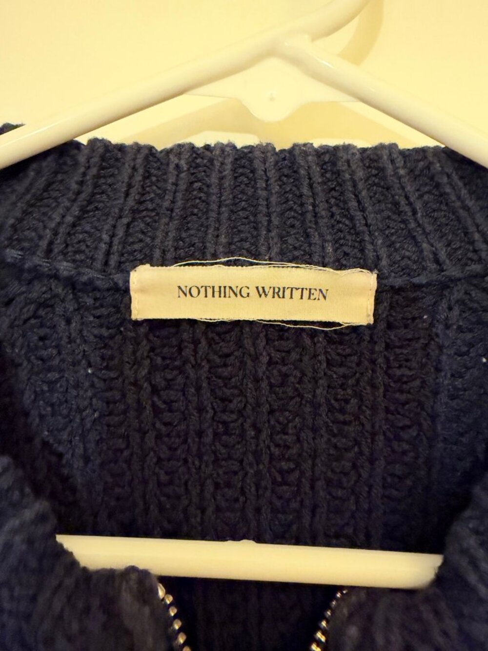 Nothing Written Navy Chunky Knit Zip Up Cardigan Korean Balloon Sleeve Pockets